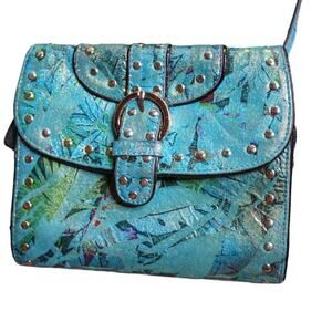 Sharif Studio Leather Studded Crossbody Purse Blue Gold Floral Shimmer